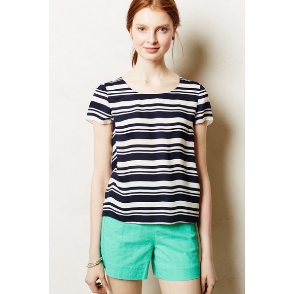 Anthro Maeve Navy Striped Ruffle Back Blouse Top - Picture 2 of 7